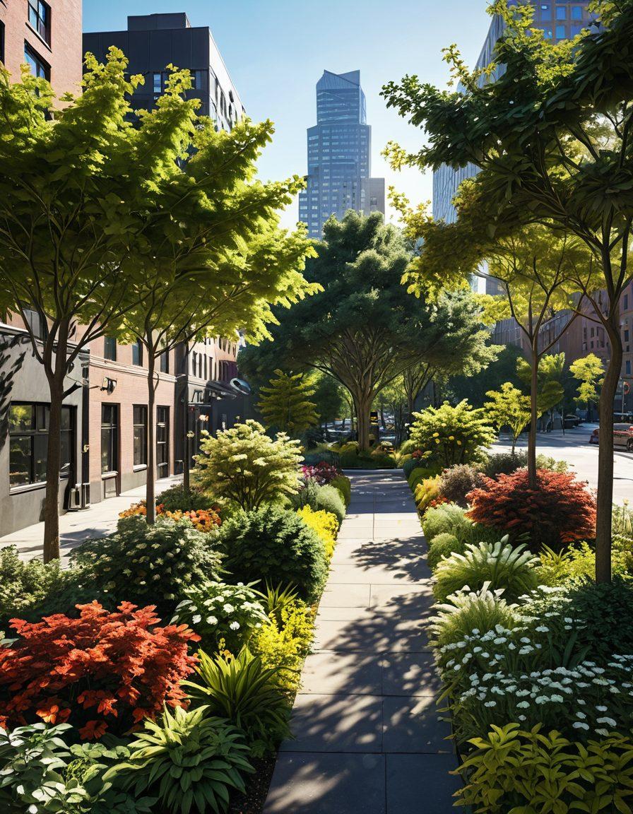 A lush urban landscape featuring diverse trees in different stages of growth, surrounded by vibrant city buildings. Include caretakers nurturing the trees, showcasing essential tree care tools like pruners and watering cans. Illustrate various greenery types such as flowering trees and evergreens, symbolizing a thriving ecosystem. Bright sunlight filtering through the leaves, creating a warm, inviting atmosphere. super-realistic. vibrant colors. 3D.