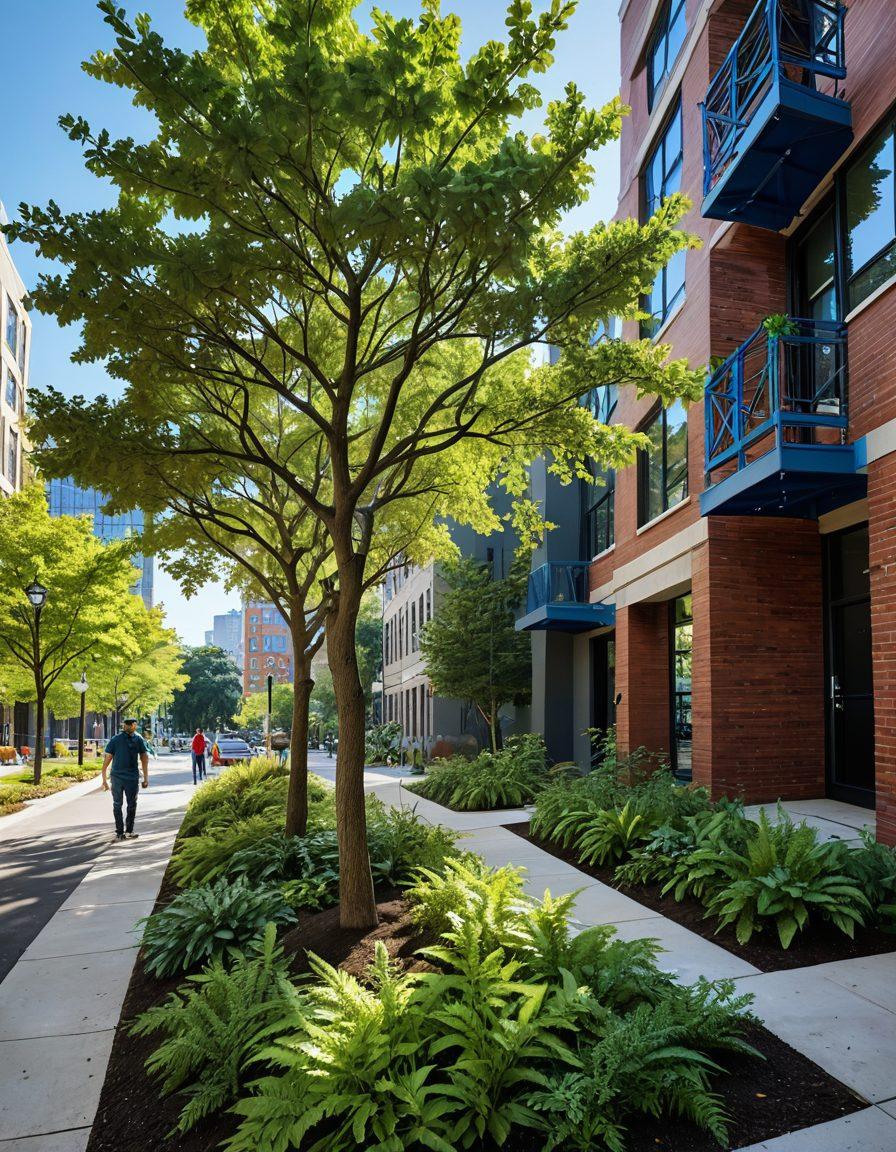 A bustling urban landscape filled with lush green trees, highlighting a diverse team of professionals performing tree care practices. The individuals, equipped with eco-friendly tools, are engaged in activities like pruning and mulching, emphasizing sustainable methods. In the background, buildings made from natural materials seamlessly blend with the greenery. Bright blue skies and soft sunlight create a welcoming atmosphere, signifying the harmony between nature and city life. vibrant colors. super-realistic.